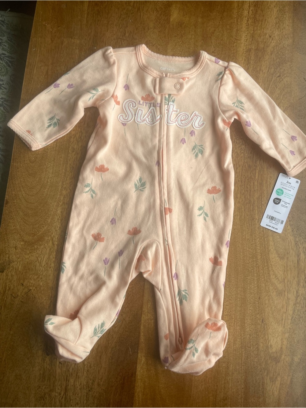 Carter's Peach Floral 'Sister' Zip Footie One-Piece